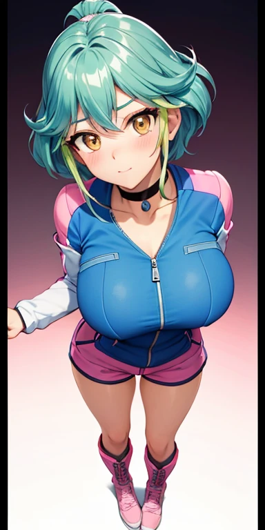 Blonde ponytail, sky blue bodysuit, thighs, (blushing:1), standing, glowing pink eyes, earrings, smiling, (sexy), (grabbing breasts:1.4)