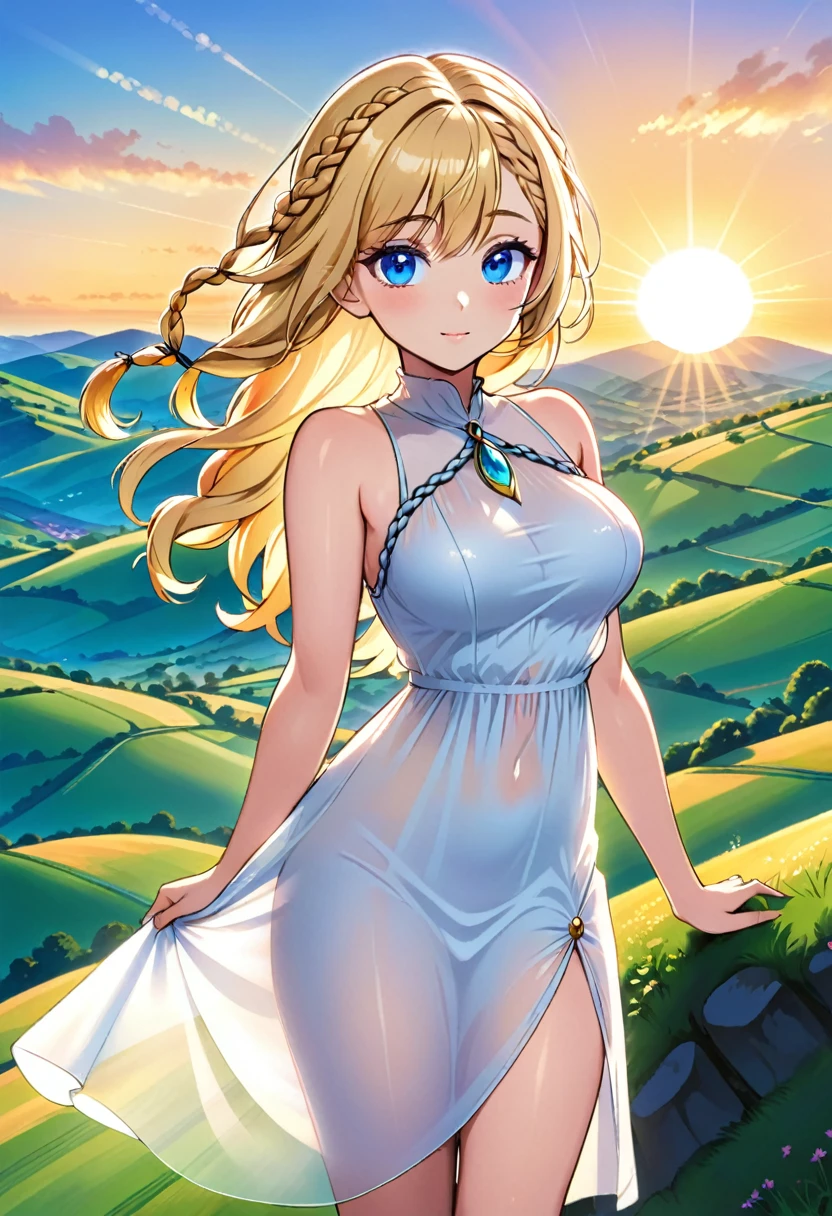 One beautiful waifu standing on a hill top, looking at the viewer, wearing  a see white through dress, braided hair, blue eyes, petite curvy body, blonde hair. In the background the sun is setting over a hilly landscape. Vibrant colors, best quality.