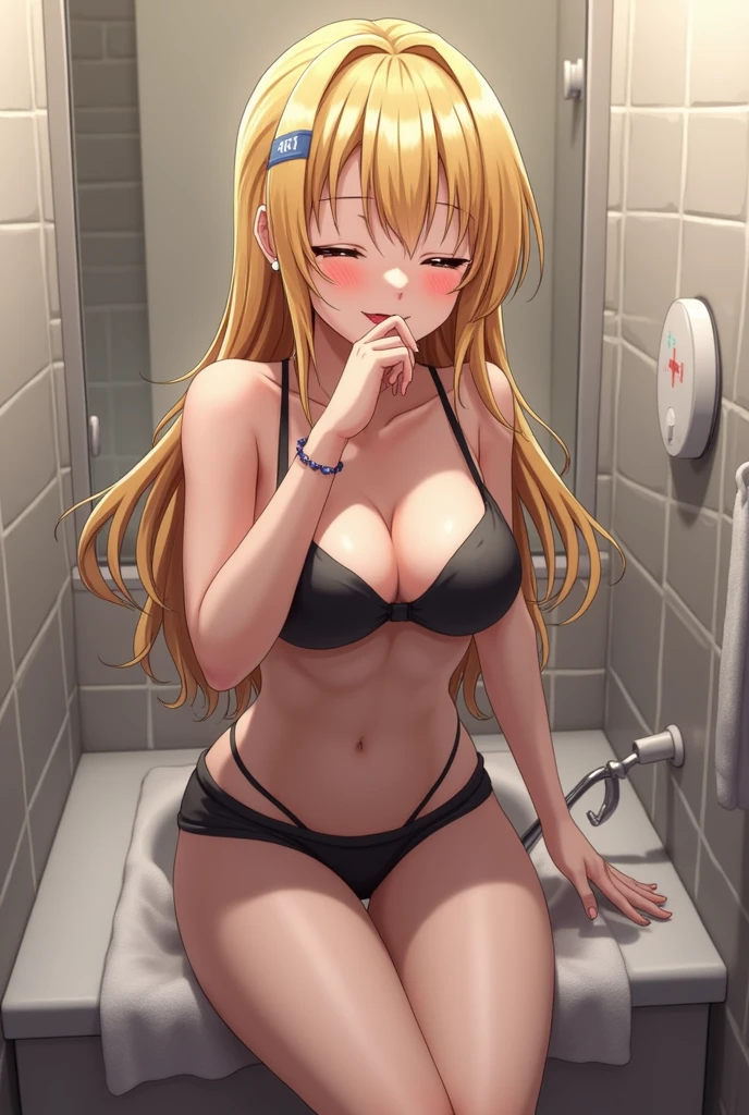 kudeliaainabernstei, (purple eyes:1.1), long hair, blonde hair, bangs, blunt bangs, ponytail, gleaming shiny skin, sex, pov, nude, master piece, 1 girl, (nsfw) , vulgarity, incoming kiss, rape, best quality, highres, bath room, large breasts, photorealistic, contemptuous, disdain,angry, looking down at viewer, sweat, masterpiece