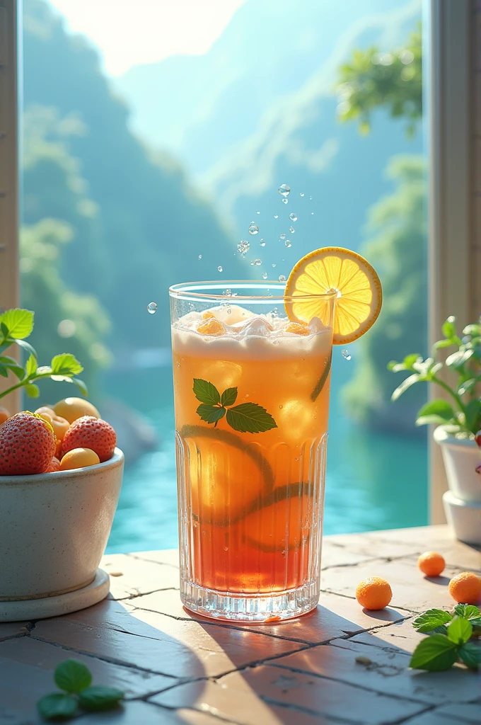 "(((best quality))),(((ultra detailed))),(((masterpiece))),photography,"still life, crystal cup, strawberry beverage, refreshing colors, enticing drink, outdoor background, natural setting, dappled sunlight, summertime vibes, leisure and relaxation, capturing the essence of a delightful moment."