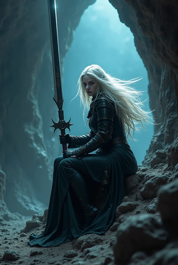 Slavic warrior with blue eyes, white hair, one hundred and sixty-one centimeters tall, eighty-three centimeters of bust, seventy-four centimeters of waist and one hundred two centimeters of hips, dressed in black and with a sword, in the background a destroyed battlefield night with storms and thunder lightning, scene cinematic angles cinematic 8k resolution.