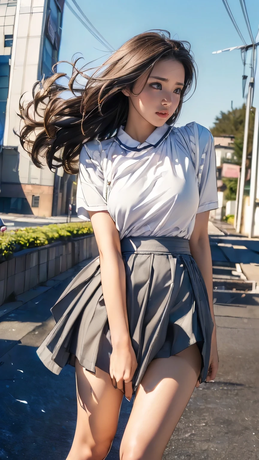 (extremely detailed CG:1.2), (masterpiece:1.2), (best quality:1.2),,((absurdres)),looking at viewer,full body, ,(1girl),solo,(long hair),(mathayom uniform),(white shirt short sleeves),(navy_blue pleated skirt),(long skirt),dynamic angle,standing,dynamic pose,((Delicate facial features)),,