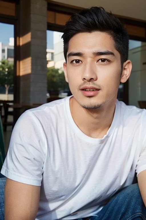 ((Realistic sunlight)) , A young Korean man wearing only a simple white T-shirt, No pattern, Denim shirt, jeans., Handsome, A muscular young Asian man looking at the camera.  , At Starbucks ,Turn sideways