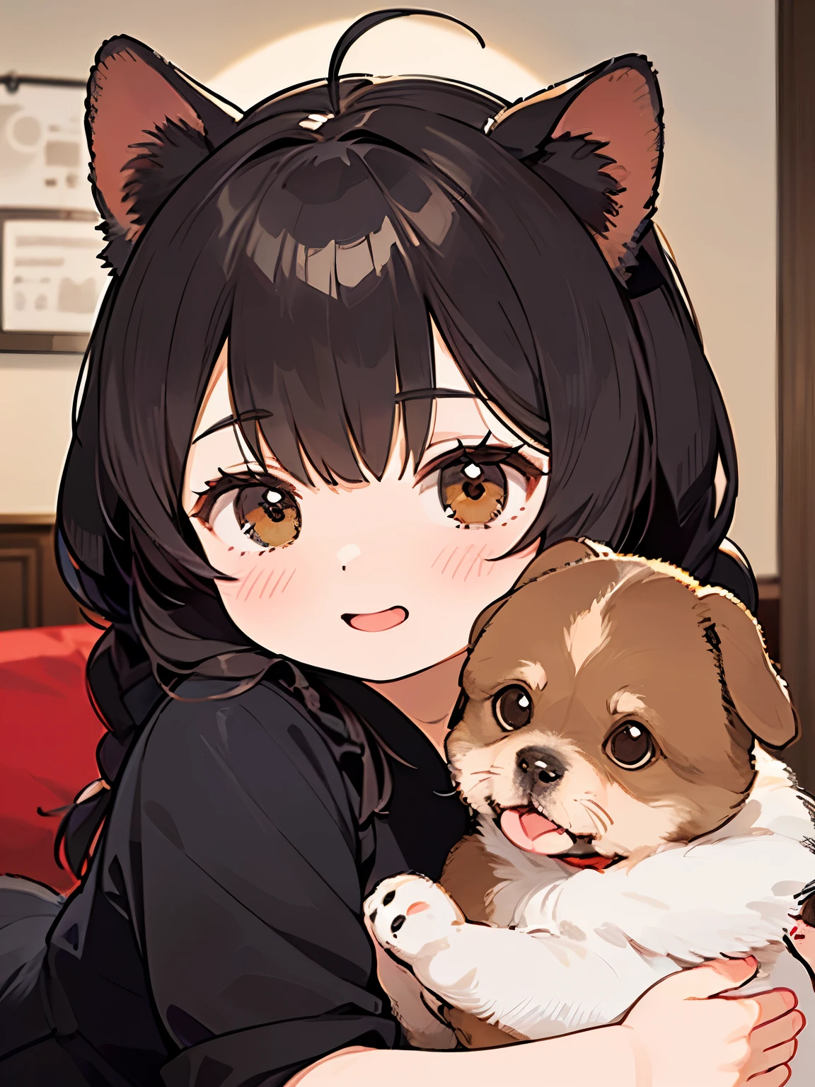 (Best Quality,4K,8k,High resolution,masterpiece:1.2), Very detailed, (Deformed, Realistic, Realistic:1.3)，One ，cute，Very short stature，Laugh happily, Brown eyes, Fluffy, Black hair braids，White Dress，cute犬を抱く，The dog is much bigger than the girl.....，This dog is a Yorkshire terrier.....，犬はFluffy，A dog holds a girl&#39;s freshly removed white panties in its mouth:1.3、Autumn background is a country house garden，