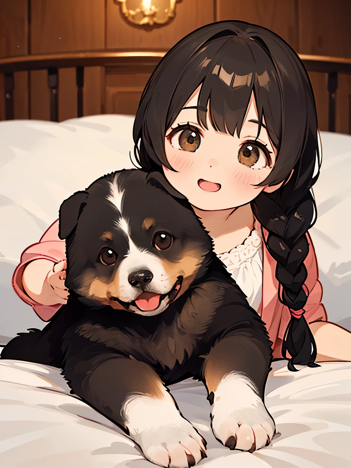 (Best Quality,4K,8k,High resolution,masterpiece:1.2), Very detailed, (Deformed, Realistic, Realistic:1.3)，One ，cute，Very short stature，Laugh happily, Brown eyes, Fluffy, Black hair braids，White Dress，cute犬を抱く，The dog is much bigger than the girl.....，This dog is a Yorkshire terrier.....，犬はFluffy，A dog holds a girl&#39;s freshly removed white panties in its mouth:1.3、Autumn background is a country house garden，