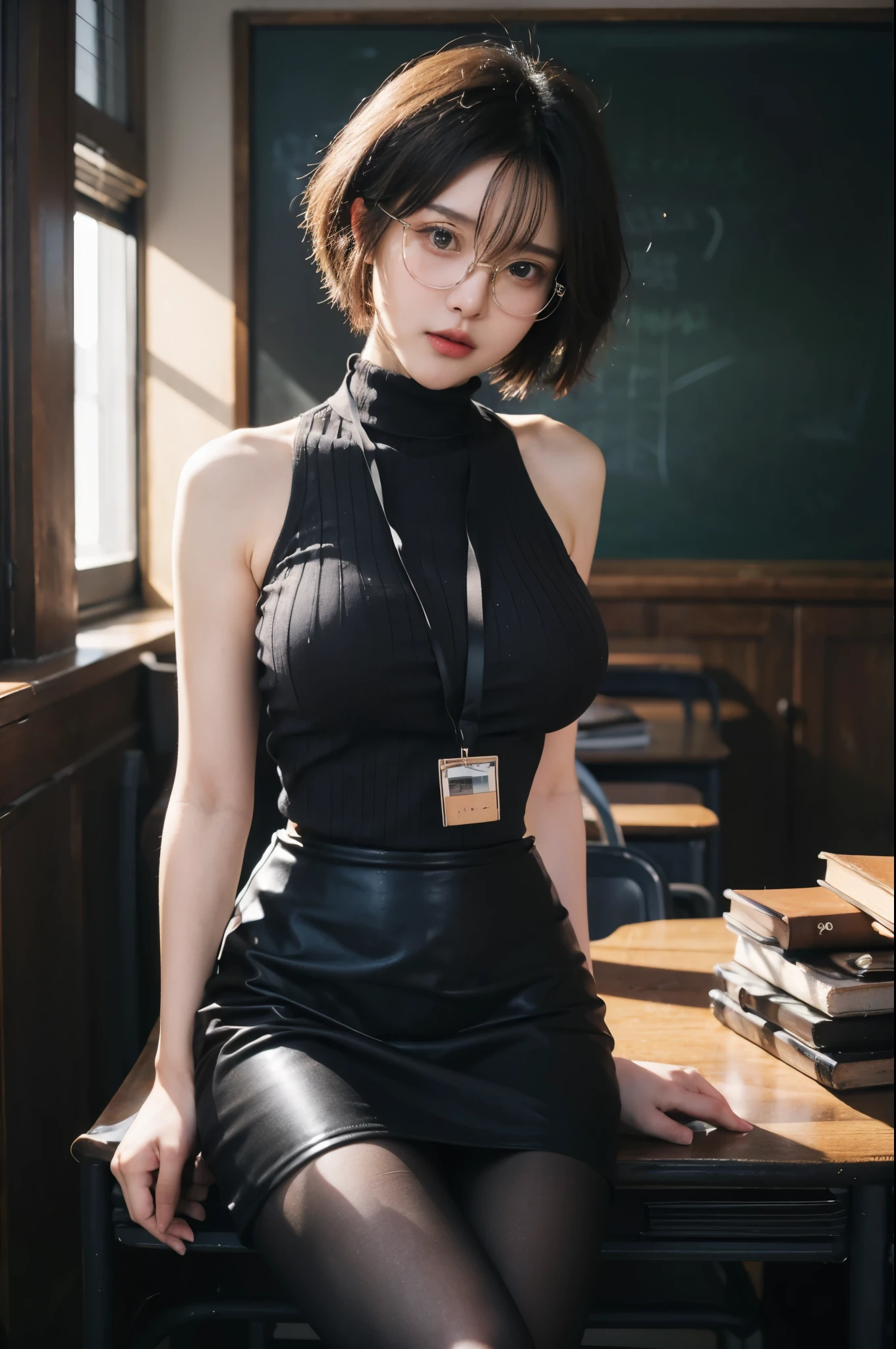 A detailed face, Clear face, Beautiful Girl, 28yo, (Looking here), perfection female form, perfection face, Glossy pink lips, Expressive eyes, eye shadow, eyeliner, ((light brown colored hair)), (short hair), (Glasses:1.5), ((very thin waist:1.2)), ((Big breasts about to burst:1.3)), (Sexy look:1.4), Shiny skin,
BREAK,
((Upper body naked:1.6)),
BERAK;
(salopette skirt:1.5), halter, blue skirt,
BREAK,
((classroom)), Spread legs, ((cowboy shot)),