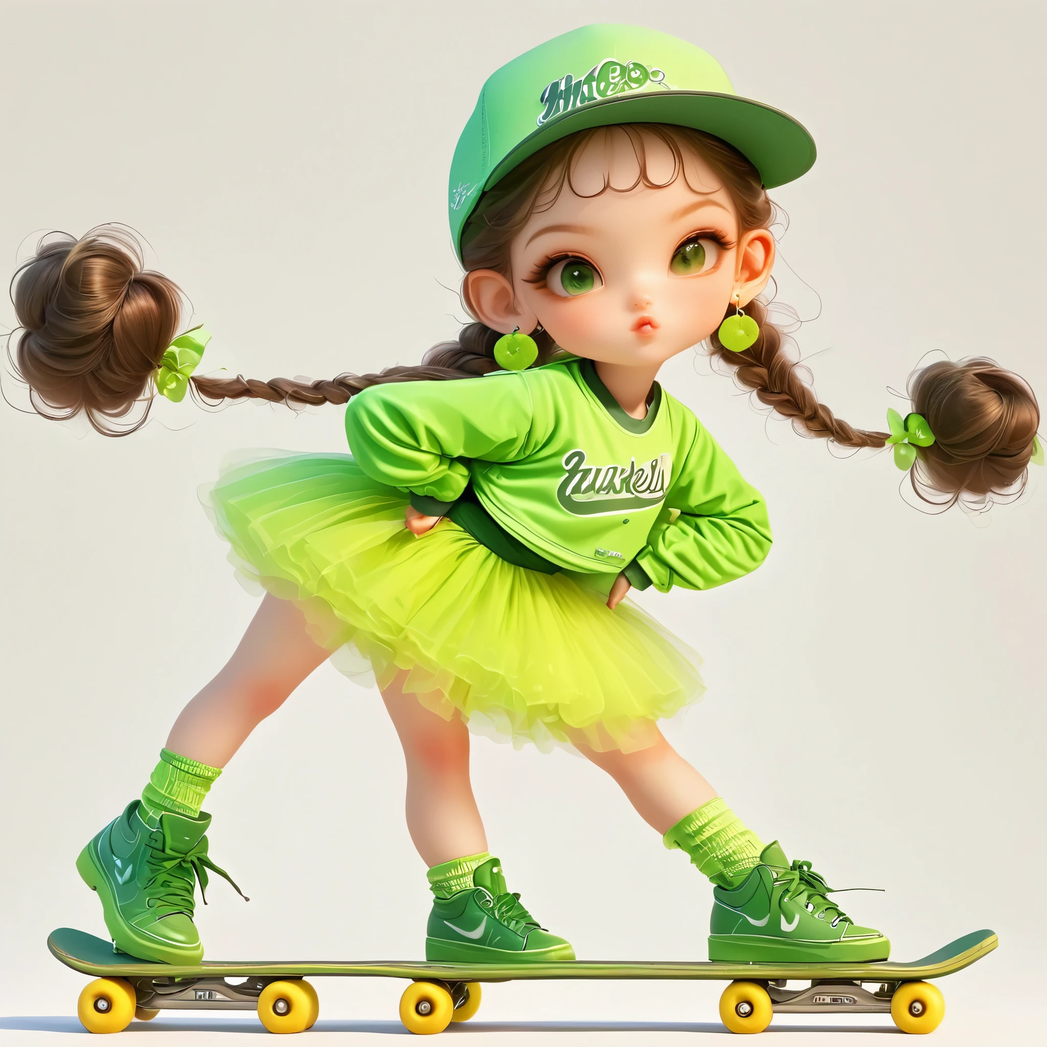 Girl wearing bright yellow and green baseball uniform, green tulle skirt with sequins, lace, green baseball cap, double bun and hoop earrings, green sneakers, posing playfully, standing on skates, green eyes, cute ears, cute little pouty mouth, slight blush, proud, doll style, full body shot, created with C4D and Blender, super detailed, anatomically correct, masterpiece,