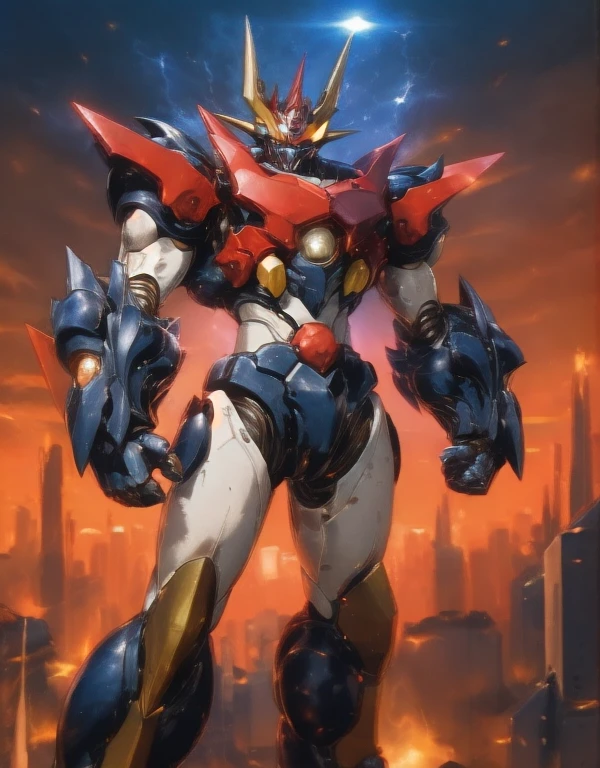 Humanoid Mecha, Fully enclosed shoulder guards, Matching arm and leg guards, whole body, Full Armor, Super Robot, Robust and agile design, (The color scheme is mainly white.、With red and blue accents。, the concept Inspired by Super Robot, Red chest armor, stop temporarily, Standing, Floating above a futuristic sci-fi city), Exquisite and mature art style, (Aura effect, Energy, Glowing Eyes, Armor Shines), ((ＳＲＳ)), metallic, dramatic, High resolution, Best Quality, High resolution, Very detailed, Ultra-fine painting, Very delicate, professional, 完璧なボディprofessionalポーション, Anatomically correct, Symmetrical face, Very detailed目と顔, High quality eyes, creativity, RAW Photos, 超High resolution, 32K, Natural Light, Cinema Lighting, masterpiece-anatomy-perfect, masterpiece:1.5　Glowing Eyes　zingerz　superrobot 　LED light for both eyes