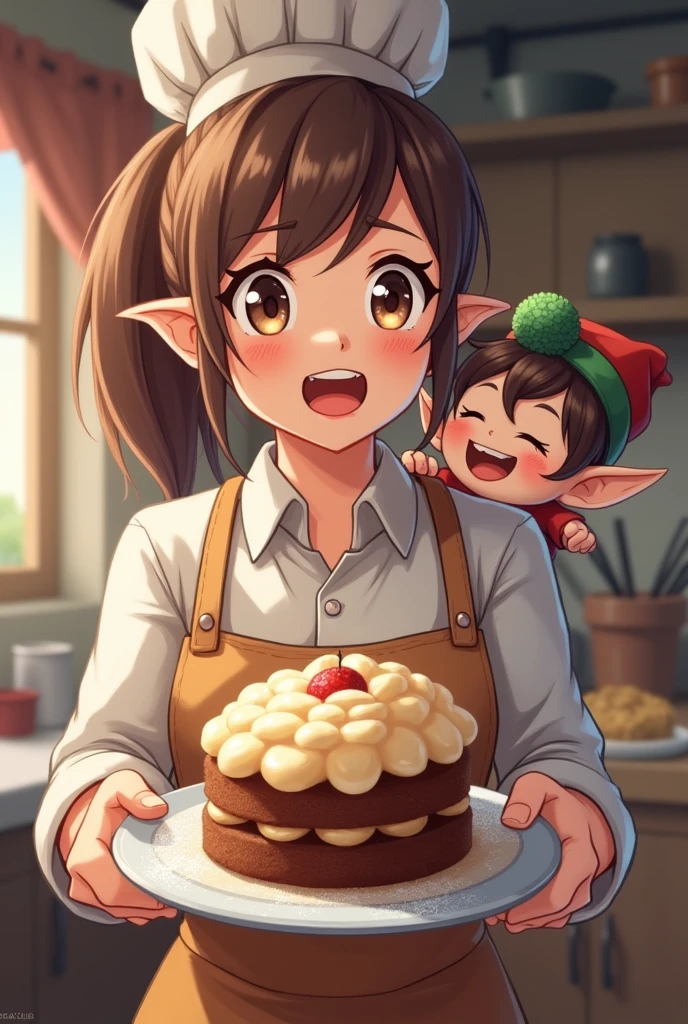 score_9,score_8_up,score_7_up, source_cartoon, source_furry, dragon girl, dragon tail, white dragon horns, brown hair, spiky bangs, long dreadlocks ponytail, dreadlocks side hair, blush, looking at viewer, smile, animal nose, 1girl, pointy ears, furry female, two tone body fur, lime body fur, clear lime body fur, medium breasts, ((red headscarf on head, naked Chinese apron)), kitchen, make a cake, blue eyes, blush, :3, navel, uperbody, standing, skinny,
