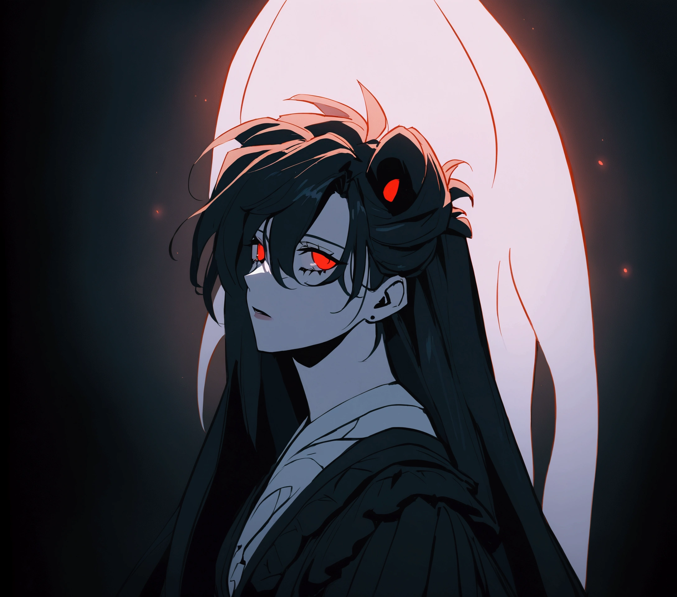 A beautiful anime-style girl with long hair, A beautiful girl with a black background, A beautiful immoral girl in a provocative black dress, ghost, Undead, red eyes, detailed face, detailed hair, black hair