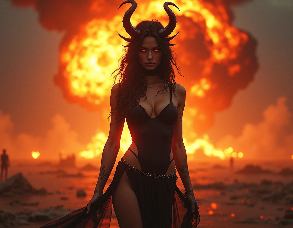 Lucifer-woman, feminine demoness, cosplay, actress, Russian brown-haired girl, cute face, armor on crop top, Bare leg, on all fours, Sensual Posing, highlighting on irises, natural skin texture, slate grey atmosphere, rim light, Cinematic, movie scene, anamorphic circular bokeh, Anamorphic highlights, In the dark, scary fantasy world