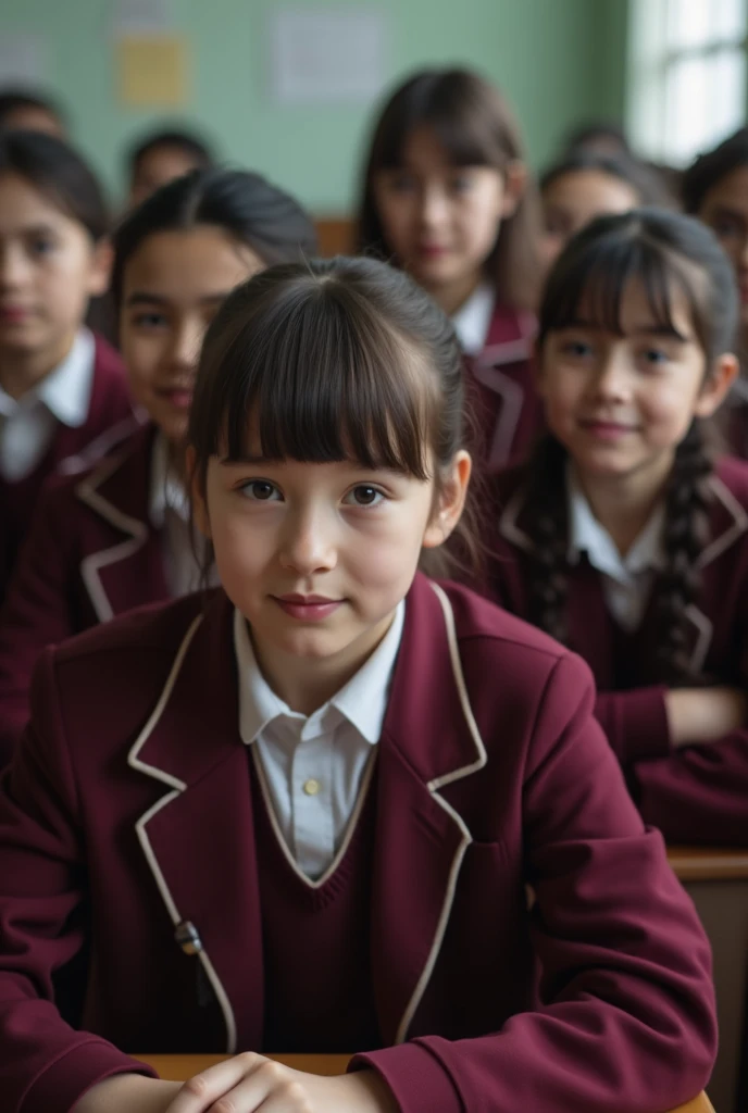 girls lined up in a line,squatting,school uniform,front view