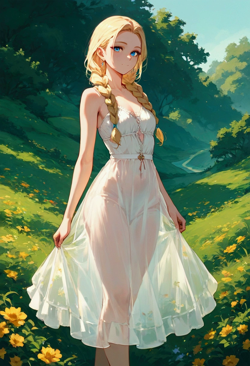 (masterpiece), (best quality), (detailed), light layer, 1solo girl, young girl in the forest, sexy transparent colonial dress, perfect body, blonde hair, defined chest, defined collarbone, ultra realistic, photorealistic, detailed, perky see-through nipple, wet clothes,  
