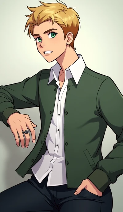 <lyco:Joey2-08:0.7> Joey2, solo, looking at viewer, brown hair, shirt, 1boy, green eyes, jacket, upper body, male focus, open clothes, open jacket, black shirt, blue background, thick eyebrows, watch, green jacket, wristwatch