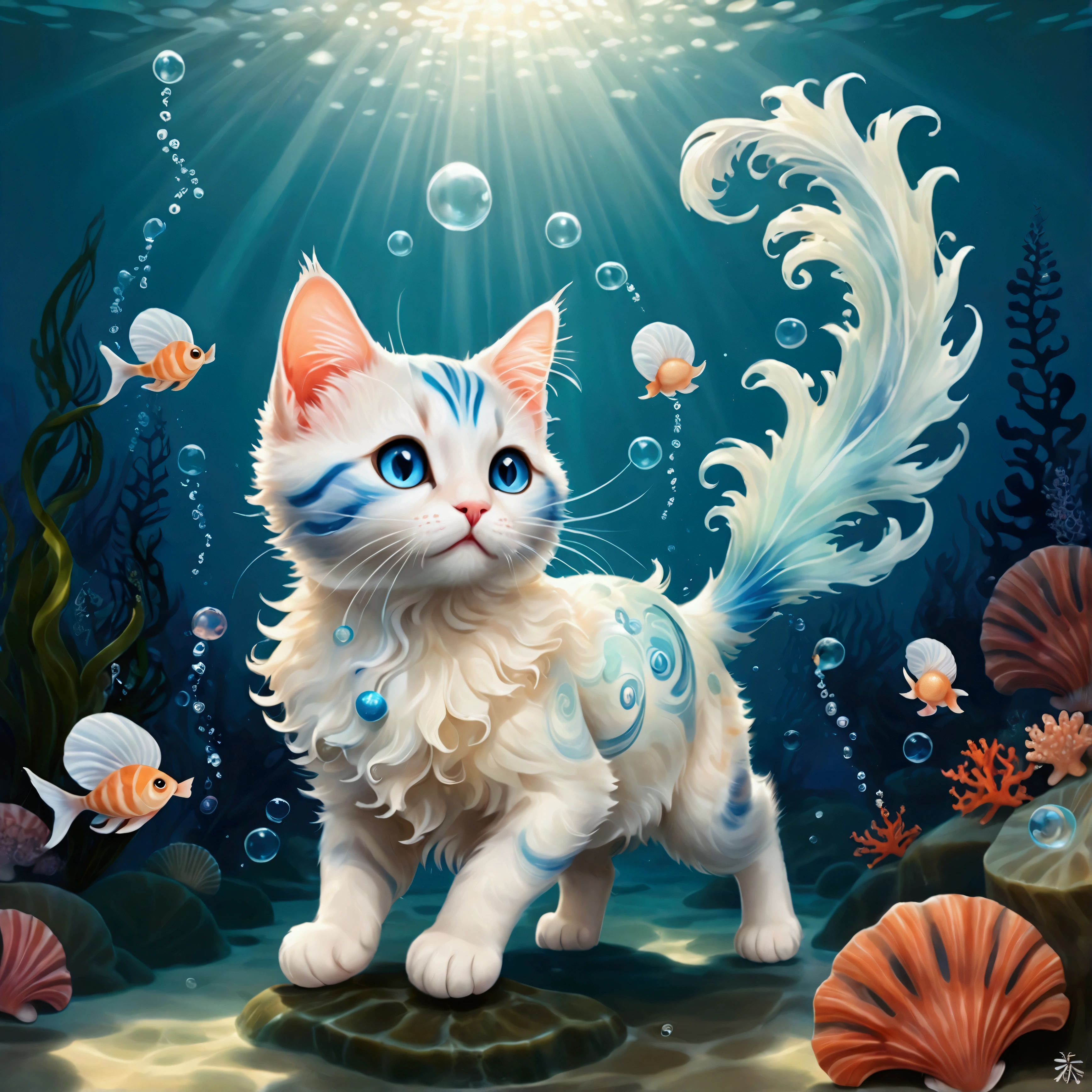 (A cute cat genie with a translucent blue body, resembling flowing water, floats gracefully in the air. Small seashells and coral adorn its ears and tail, and half of its body is made of soft, swirling mist. The cat’s eyes sparkle with playful mischief as it swirls around, creating magical art with bubbles and shimmering seafoam. The background is a dreamy, underwater world with soft light filtering through the water, highlighting the gentle waves and floating seaweed. The atmosphere is whimsical, magical, and serene, with glowing sea creatures adding a touch of mystery.: Cute World),Color pattern using gentle colors,(Ink drawing on Japanese paper,Bleeding easily),(Contemporary art like a picture book),(Transparent watercolor),(Light itself is expressed as reality),(Soft layer,rich colors),(Water-diluted paint colors),(deep,Delicate colors)