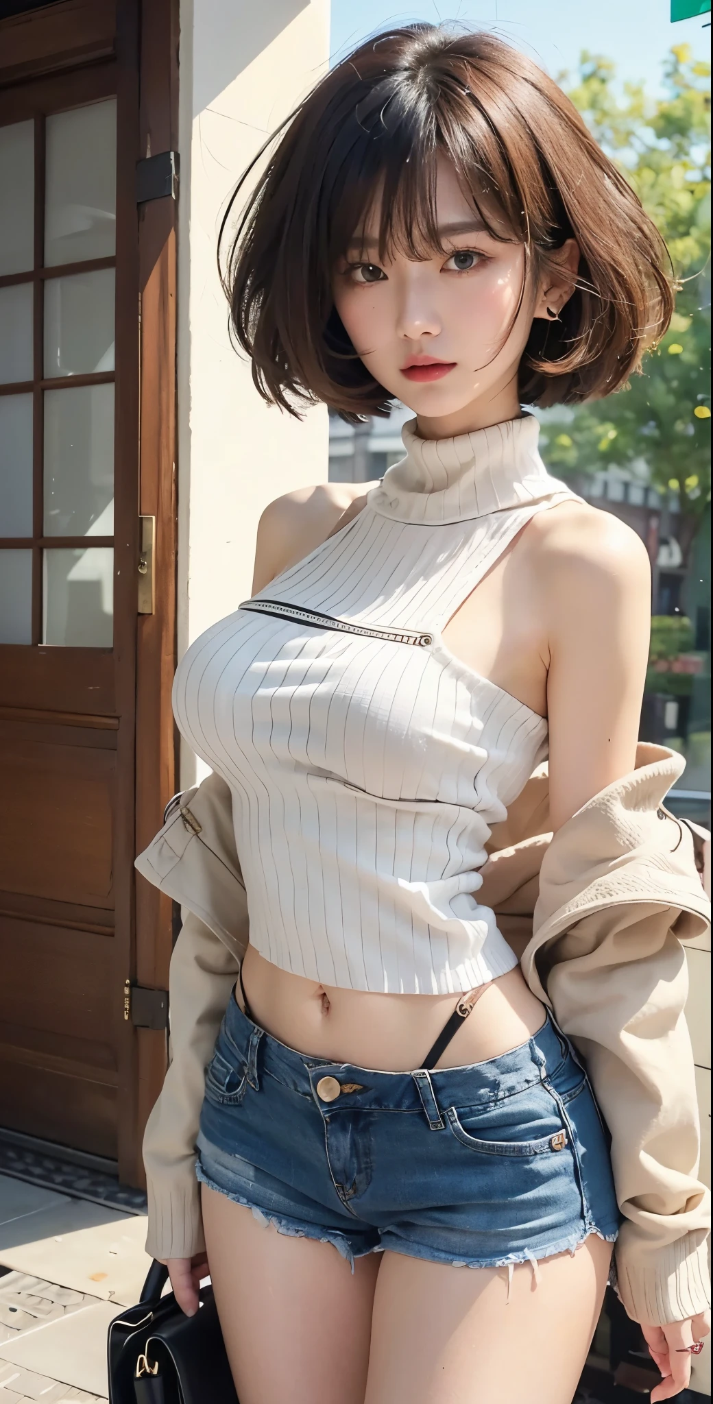 Beautiful woman with detailed body, brown bob hair, skinny pants, high neck, open legs, (wet hair)