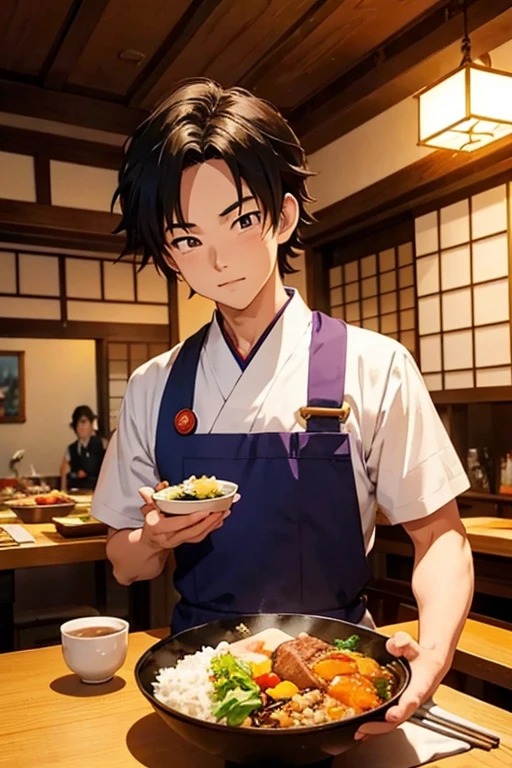 Studio Ghibli style，anime artwork《Dragon Ball》The image of Son Gohan, A Japanese beef rice bowl in hand，Japanese restaurant waiter&#39;s clothes, Japanese restaurants，Cute cartoon characters, sticker illustration, Telegram sticker design, Upper body 2D game avatar, by Yan Hui, You were, cute characters, , Inspired by Takehisa Yumeji, 2D Illustration, 2D Illustration，