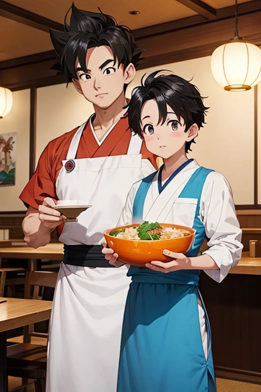 Studio Ghibli style，anime artwork《Dragon Ball》The image of Son Gohan, A Japanese beef rice bowl in hand，Japanese restaurant waiter&#39;s clothes, Japanese restaurants，Cute cartoon characters, sticker illustration, Telegram sticker design, Upper body 2D game avatar, by Yan Hui, You were, cute characters, , Inspired by Takehisa Yumeji, 2D Illustration, 2D Illustration，