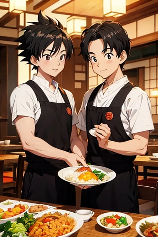 Studio Ghibli style，anime artwork《Dragon Ball》The image of Son Gohan, A Japanese beef rice bowl in hand，Japanese restaurant waiter&#39;s clothes, Japanese restaurants，Cute cartoon characters, sticker illustration, Telegram sticker design, Upper body 2D game avatar, by Yan Hui, You were, cute characters, , Inspired by Takehisa Yumeji, 2D Illustration, 2D Illustration，