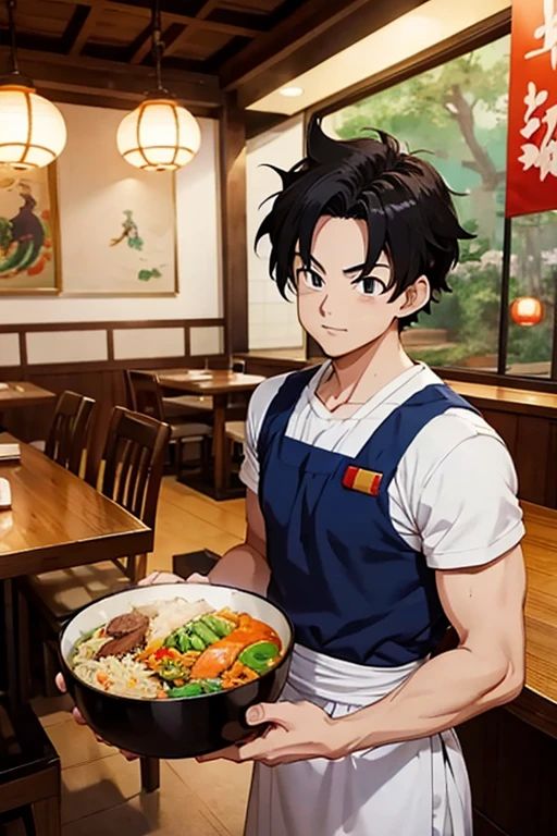 Studio Ghibli style，anime artwork《Dragon Ball》The image of Son Gohan, A Japanese beef rice bowl in hand，Japanese restaurant waiter&#39;s clothes, Japanese restaurants，Cute cartoon characters, sticker illustration, Telegram sticker design, Upper body 2D game avatar, by Yan Hui, You were, cute characters, , Inspired by Takehisa Yumeji, 2D Illustration, 2D Illustration，