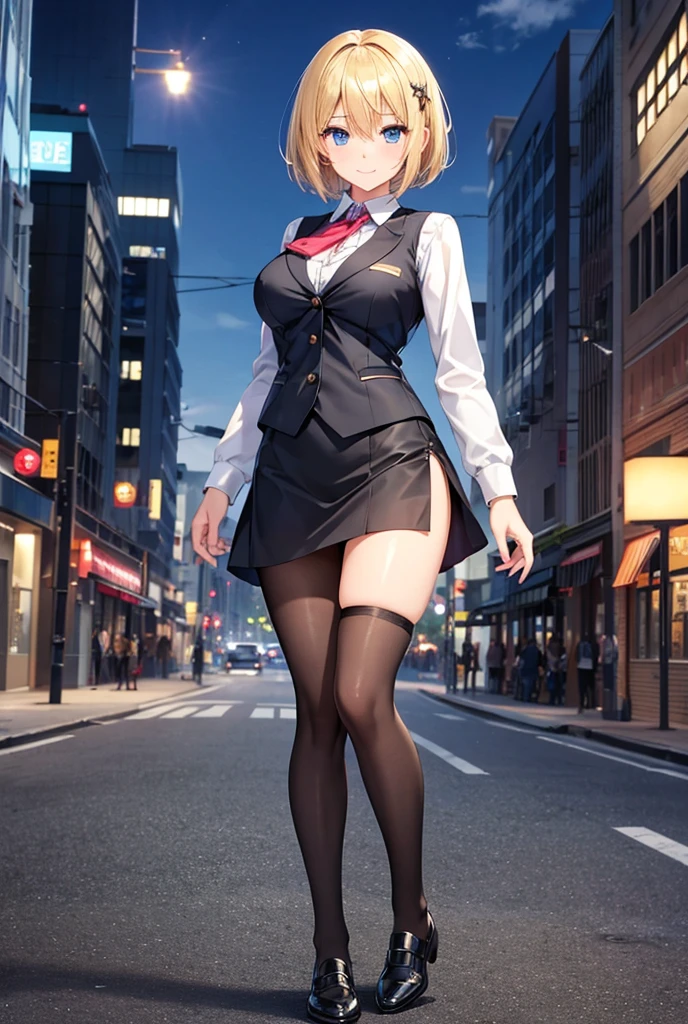 NSFW,masterpiece,Highest quality,High resolution,Very detailed,A timid woman,Police Officer,policewoman,hat,mini skirt,Pencil Skirt,pantyhose,Heel,Downtown at night,Street lamp,In town,Tour,patrol