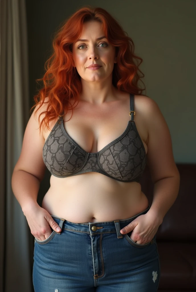 NSFW, rating_explicit, topless, naked tits, (photorealistic, hyper_realistic:1.5), beautiful, aggressive, Mature 65yo woman, fists on waist, wrinkled, double chin, cute round face, gorgeous woman, french, white skin, tanlines, chubby, plump woman, full body shot, large open blouse, nude, naked, heavy makup, skin texture, ginger hair with bun, ((topless)), visible nipple, ((bushy dense hairy crotch)), (((fetish femdom sexy fashion laced black transparent lingerie)), stockings and garter, black background, foggy,faded, grainy, dark shadows, rim light, subtle sadistic smile, kodak gold 200 analog film
