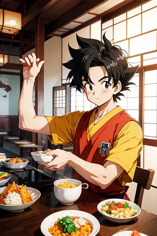 Studio Ghibli style，anime artwork《Dragon Ball》The image of Son Gohan, A Japanese beef rice bowl in hand，Japanese restaurant waiter&#39;s clothes, Japanese restaurants，Cute cartoon characters, sticker illustration, Telegram sticker design, Upper body 2D game avatar, by Yan Hui, You were, cute characters, , Inspired by Takehisa Yumeji, 2D Illustration, 2D Illustration，