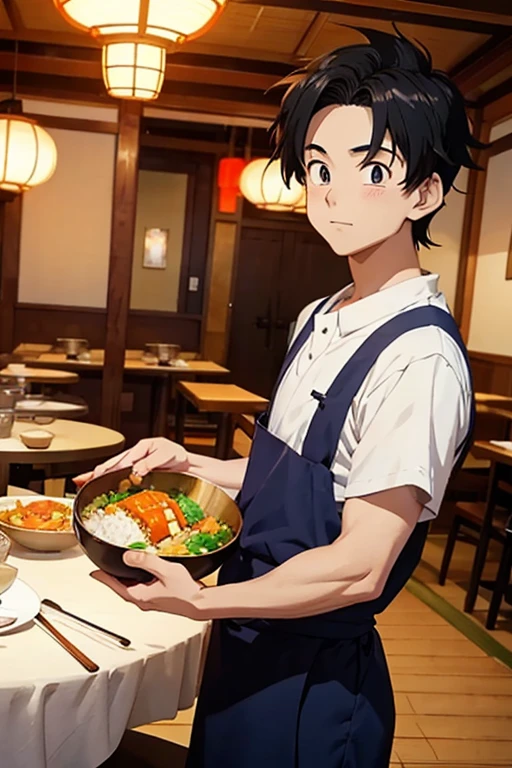 Studio Ghibli style，anime artwork《Dragon Ball》The image of Son Gohan, A Japanese beef rice bowl in hand，Japanese restaurant waiter&#39;s clothes, Japanese restaurants，Cute cartoon characters, sticker illustration, Telegram sticker design, Upper body 2D game avatar, by Yan Hui, You were, cute characters, , Inspired by Takehisa Yumeji, 2D Illustration, 2D Illustration，