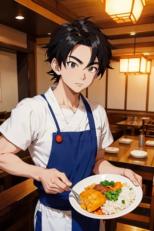 Studio Ghibli style，anime artwork《Dragon Ball》The image of Son Gohan, A Japanese beef rice bowl in hand，Japanese restaurant waiter&#39;s clothes, Japanese restaurants，Cute cartoon characters, sticker illustration, Telegram sticker design, Upper body 2D game avatar, by Yan Hui, You were, cute characters, , Inspired by Takehisa Yumeji, 2D Illustration, 2D Illustration，