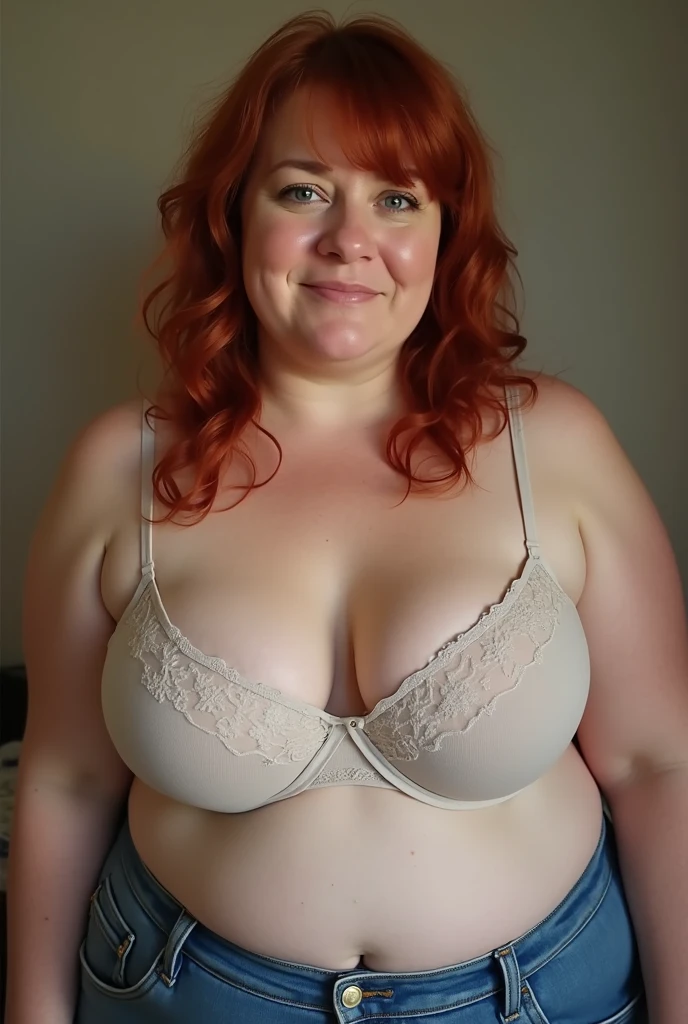Fat woman, 40 years old white Caucasian woman, inside changing room, MILF, long straight blonde hair, serious, chubby, bbw, casual, winter, cold, cleavage, topless, bra