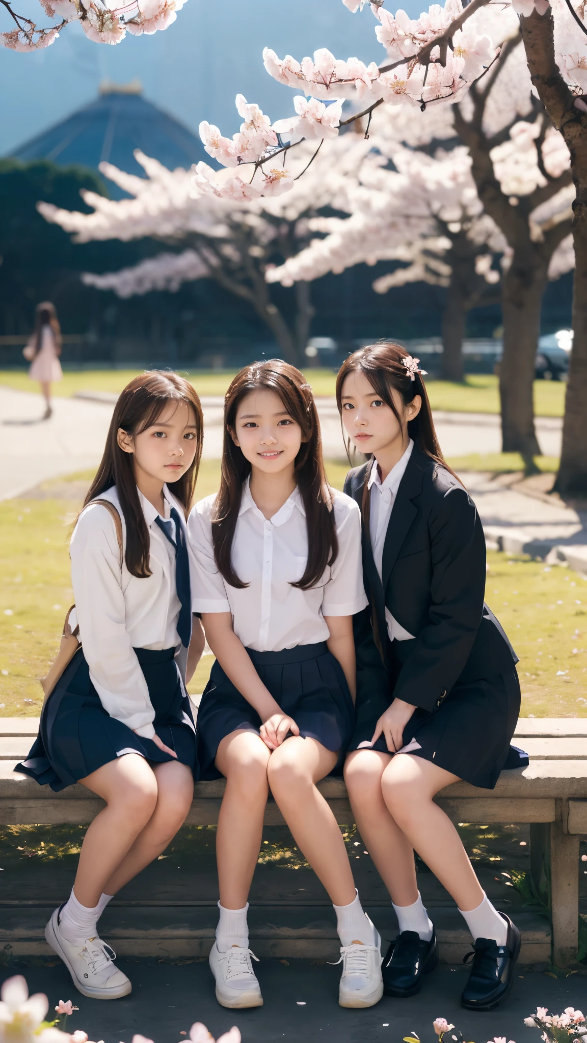 Masterpiece, 4K, bokeh, Cute school uniform, (Three girls, in:1.4) (Japanese idle:1.6), (Sitting in a park with cherry blossoms at night :1.4),