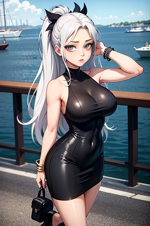 Full-body angle, cel-shaded anime style, colored manga, seed value 156378292, ID file-vV87zcCWFyeBswvz5CVB1VNt, a single woman with straight long silver hair, wearing a dark green mini skirt suit, black heels, sharp eyes, 165cm tall, slender and curvy figure with large breasts (strongly emphasized), calm and gentle expression, background is a daytime harbor. The woman exudes an elegant and intelligent atmosphere, and she is wearing a silver bracelet on her left wrist. Only one person in the image, no other characters or elements present besides this one woman.
