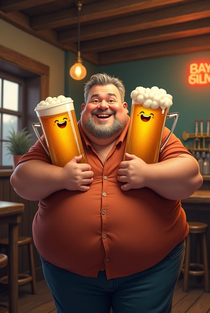 very fat man，Has a fat and cute face，big beard，Wear a hooded sweatshirt，Clothes hooded sweatshirt，The lower body is shorts，Hold your belly，round arms，No hair，Happy with a glass of beer in the sun，Wearing overalls，Q version，Moe new，kawaii，Stupid，simple，full body shape，European people，chunky，Small head。