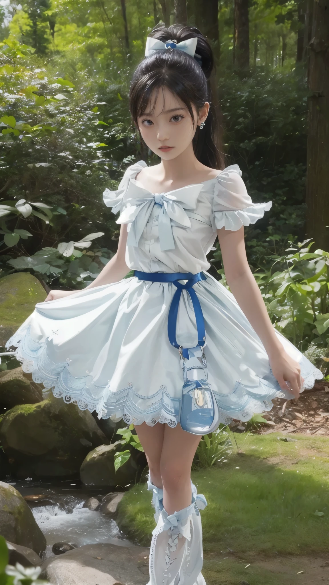 Realistic,in Forest,field,sunny,Blue Sky,masterpiece,Best Quality,The highest masterpiece,Full body angle,Full body image,Heroine of Justice,Troubled face,Troubled expression,Magic Warrior,Pretty Cure,Cure White,cure white,Cosplay,Nogizaka Idol,Satin Dress Cosplay,Satin one-piece dress,,Young,sex appeal,sexual,Easy to feel,Sensitive body,Wiggle,Erect Nipples,Pure white bow and blue brooch on chest,wide angle,Surprised,Eyes Wide Open,beautiful girl,Beautiful face,Beautiful Hair,Straight Hair,Smooth Hair,High layered cut hair,Ponytail with white bow,During combat,Fighting pose,Stance,fist,Martial Arts,hostility,Short sleeve,mini skirt,Blue accents on skirt edges,Pure White Silk,Pure White Silkのサテンワンピースドレス,Pure White Silkのトップス,Embellished tops,Flared skirt,Pure white lace skirt,Indigo sash belt,Pure white arm gloves,Pure White Silk Gloves,Pure white boot cover,Shiny Costumes,Pure white lace satin dress,Bodyline,Elegant tops,White ribbon with blue heart-shaped gem on chest,chest,Extreme weight loss,delicate,Waist,Narrow waist,Thin neck,長くThin neck,Narrow shoulders,Child body type,skinny,Beautiful breasts,Bust line,Medium sized breasts,Nipples,Looking at the camera,weak々Shii,Shyness,Embarrassed,blush,Brown Hair,Half Up,ponytail,White skin,beautiful girl,A once in a thousand year beautiful girl,Japanese,cute,cute,Super beautiful woman,Frills,Frills Skirt,Full body image,Heroine of Justice,White ribbon,Heart Earrings,Indigo heart brooch,White with blue accents,forest,wilderness,riverside,Baby Face,Young Face,Babyface,Double eyelids,気weak,Fleeting,Silver halide photo,Dress-style costume,Satin Dress Cosplay,sex appeal,That look in your eyes,Desperate,impatience,Naughty,sexy,Lewd,sensitive,allergy,premature ,Clear Face,Face clearly visible,Beautiful face,Long neck,excited,Thin body,Face is clear,Clear image,High resolution,High Quality,in forest,Half-open mouth,shortness of breath,fatigue,damage,Heavy breathing,White Skirt,Pure white lace design,Form-fitting silhouette,Deep V