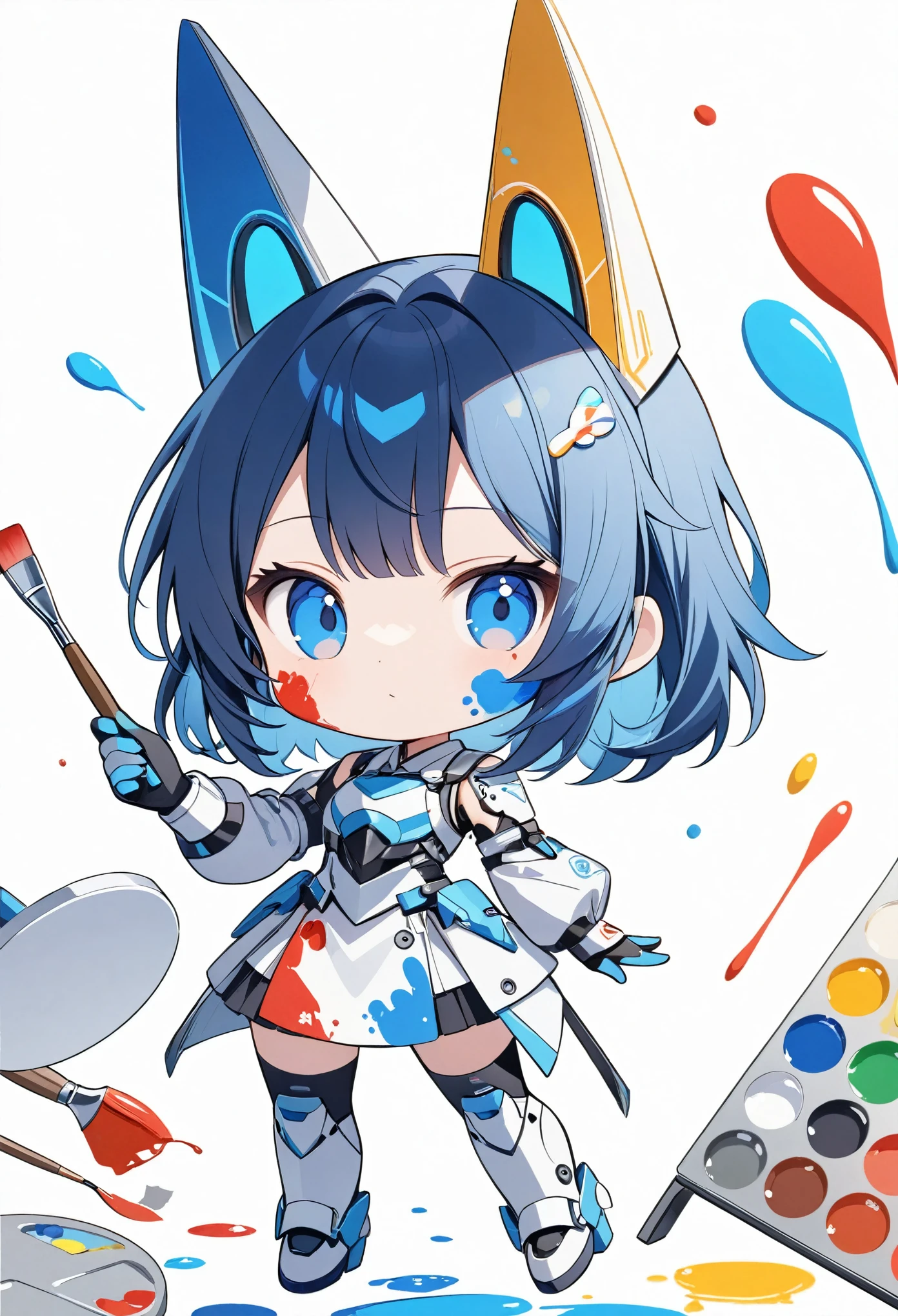 Chibi Character、Blue Hair、Paint on face、AI robot girl holding a paint palette and brush