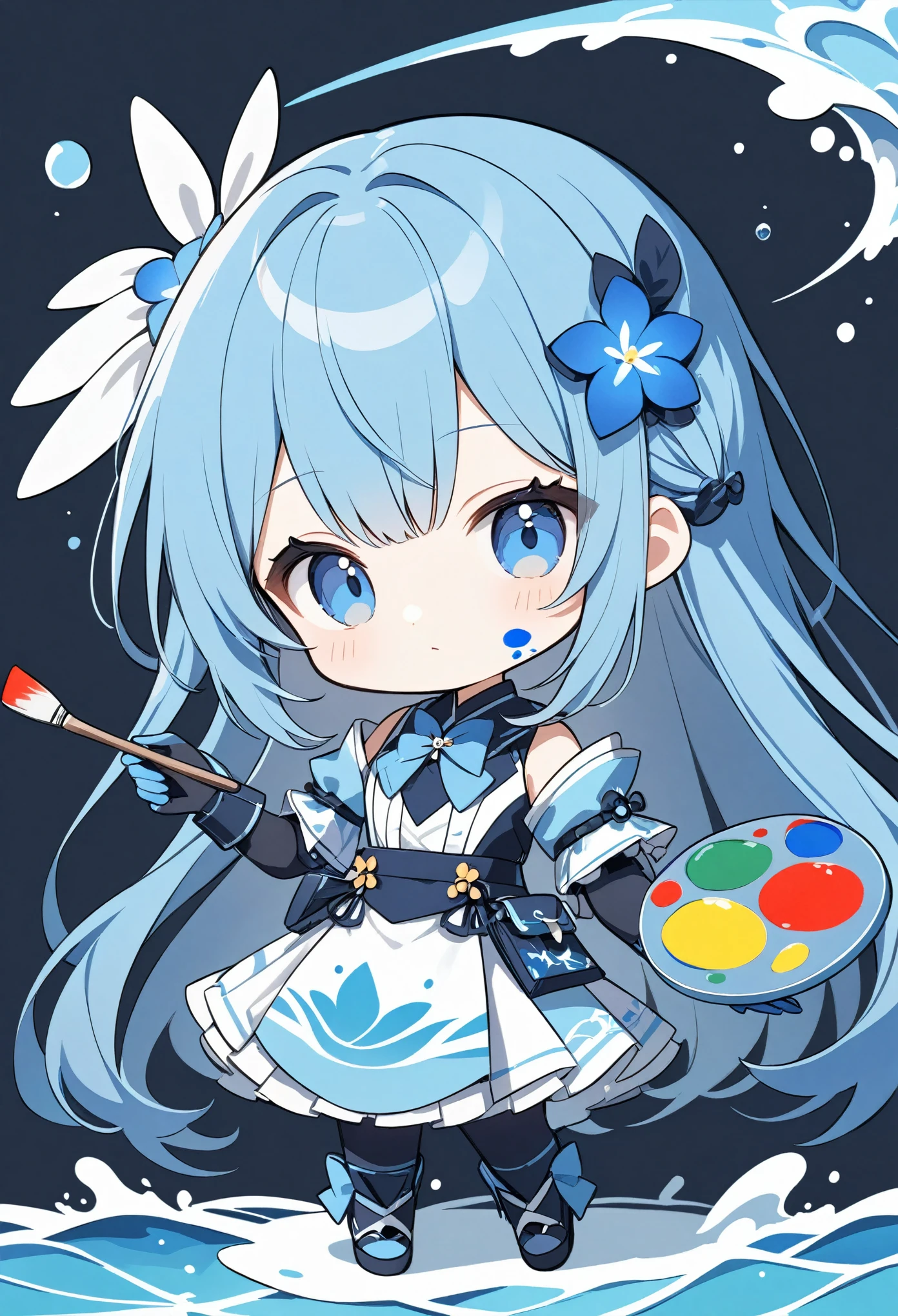 Chibi Character、Blue Hair、Paint on face、AI robot girl holding a paint palette and brush,Blue body inspired by the sea