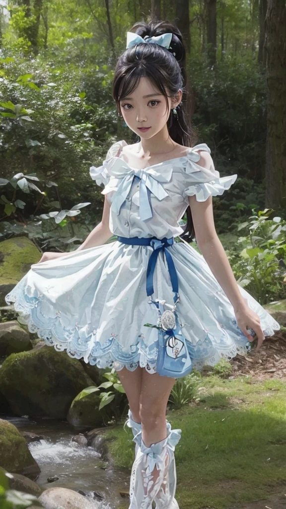 Realistic,in Forest,field,sunny,Blue Sky,masterpiece,Best Quality,The highest masterpiece,Full body angle,Full body image,Heroine of Justice,Troubled face,Troubled expression,Magic Warrior,Pretty Cure,Cure White,cure white,Cosplay,Nogizaka Idol,Satin Dress Cosplay,Satin one-piece dress,,Young,sex appeal,sexual,Easy to feel,Sensitive body,Wiggle,Erect Nipples,Pure white bow and blue brooch on chest,wide angle,Surprised,Eyes Wide Open,beautiful girl,Beautiful face,Beautiful Hair,Straight Hair,Smooth Hair,High layered cut hair,Ponytail with white bow,During combat,Fighting pose,Stance,fist,Martial Arts,hostility,Short sleeve,mini skirt,Blue accents on skirt edges,Pure White Silk,Pure White Silkのサテンワンピースドレス,Pure White Silkのトップス,Embellished tops,Flared skirt,Pure white lace skirt,Indigo sash belt,Pure white arm gloves,Pure White Silk Gloves,Pure white boot cover,Shiny Costumes,Pure white lace satin dress,Bodyline,Elegant tops,White ribbon with blue heart-shaped gem on chest,chest,Extreme weight loss,delicate,Waist,Narrow waist,Thin neck,長くThin neck,Narrow shoulders,Child body type,skinny,Beautiful breasts,Bust line,Medium sized breasts,Nipples,Looking at the camera,weak々Shii,Shyness,Embarrassed,blush,Brown Hair,Half Up,ponytail,White skin,beautiful girl,A once in a thousand year beautiful girl,Japanese,cute,cute,Super beautiful woman,Frills,Frills Skirt,Full body image,Heroine of Justice,White ribbon,Heart Earrings,Indigo heart brooch,White with blue accents,forest,wilderness,riverside,Baby Face,Young Face,Babyface,Double eyelids,気weak,Fleeting,Silver halide photo,Dress-style costume,Satin Dress Cosplay,sex appeal,That look in your eyes,Desperate,impatience,Naughty,sexy,Lewd,sensitive,allergy,premature ,Clear Face,Face clearly visible,Beautiful face,Long neck,excited,Thin body,Face is clear,Clear image,High resolution,High Quality,in forest,Half-open mouth,shortness of breath,fatigue,damage,Heavy breathing,White Skirt,Pure white lace design,Form-fitting silhouette,Deep V