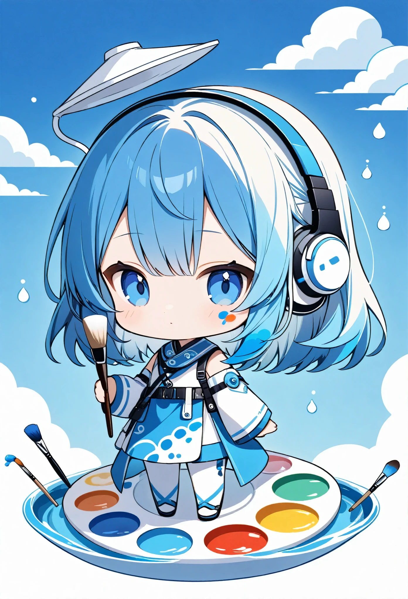 Chibi Character、cute、Blue Hair、Paint on the right cheek、((The palette and brushes float like a funnel.)),Blue body inspired by the sea、A white robot headset designed to resemble a cloud