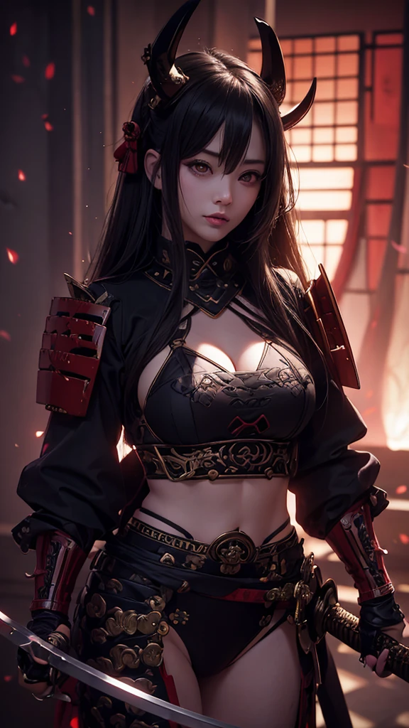 Realistic 1.2,  1 girl, masterpiece, very high quality, very detailed, anime, bikini samurai, sword, holding, female, evil, strong feeling, wearing a hannya mask, seios grandes.