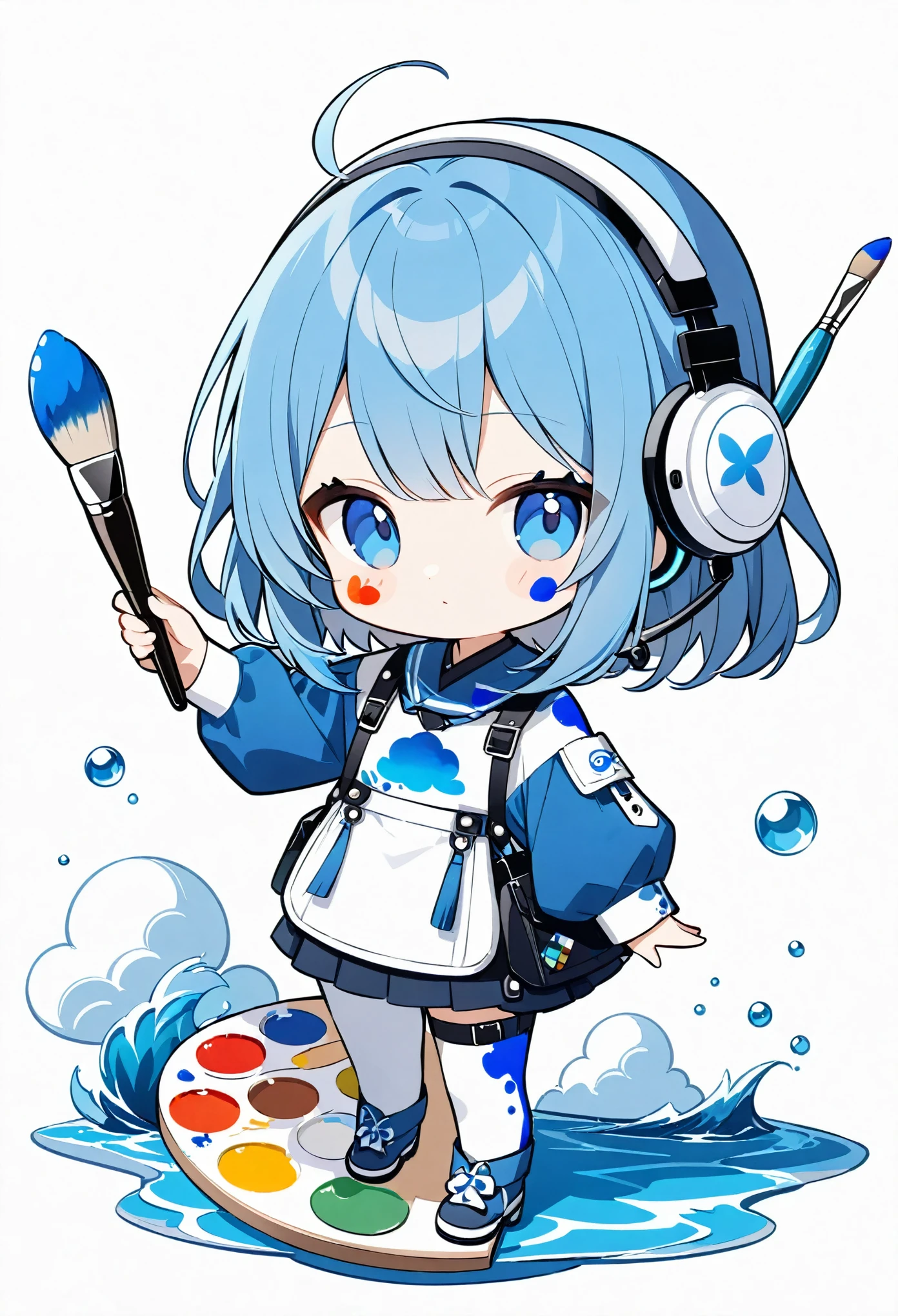 Chibi Character、cute、Blue Hair、Paint on the right cheek、((Equipped with a palette and paint brushes)),Blue body inspired by the sea、A white robot headset designed to resemble a cloud