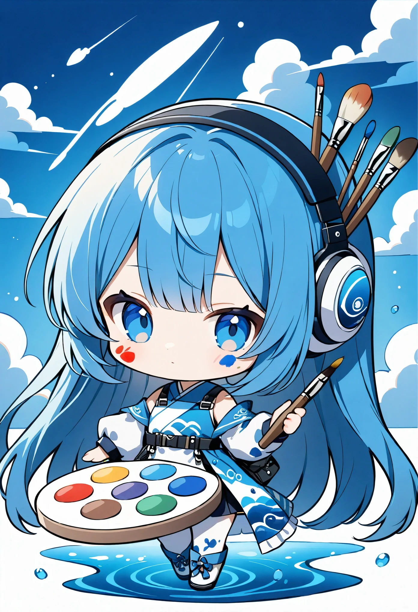 Chibi Character、cute、Blue Hair、Paint on the right cheek、((Equipped with a palette and paint brushes)),Blue body inspired by the sea、A white robot headset designed to resemble a cloud