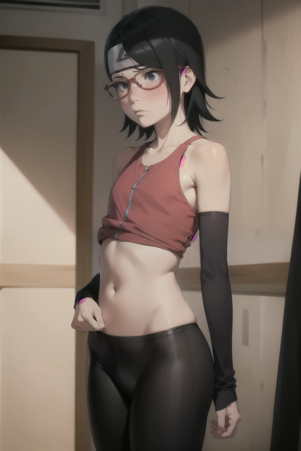 Anime style, 1 girl sarada ,  girl , childbody ,solo , short hair ,angry  face , blush  , sweat , flat chest , tube  top , black leggings tight,  gym , sexy .