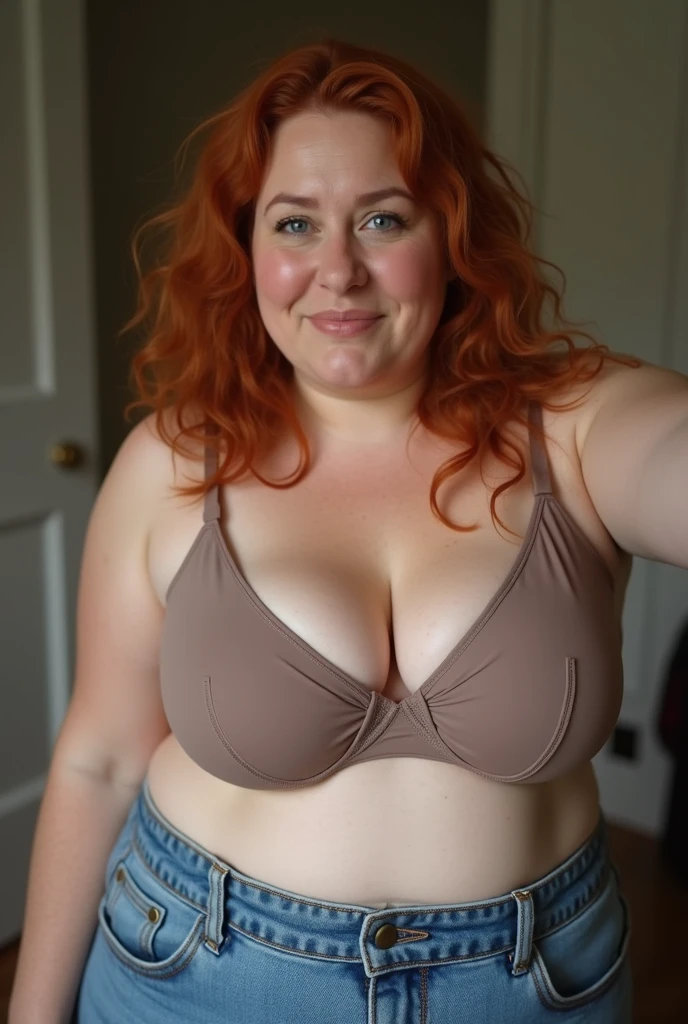 there is a woman in a bikini taking a picture of herself in a mirror, she has a jiggly fat round belly, is wearing a swimsuit, full body shot in bikini, thicc, her belly is fat and round, taken in the early 2020s, extremely plump, she's on my bed in bikini, bad selfie, freckles on chicks, (freckles:1.2)