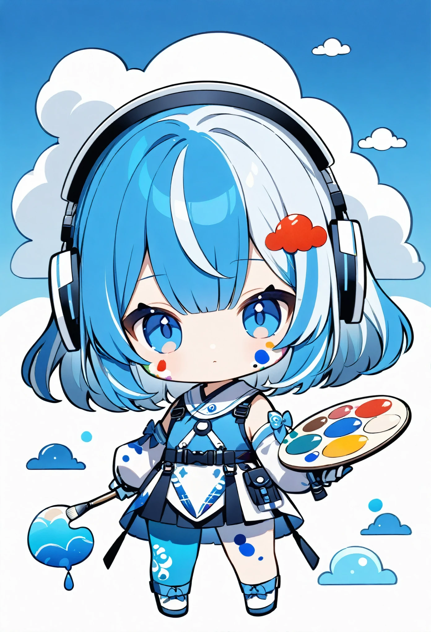 Chibi Character、cute、Blue Hair、Paint on the right cheek、((Equipped with a palette and paint brushes)),Blue body inspired by the sea、A white robot headset designed to resemble a cloud