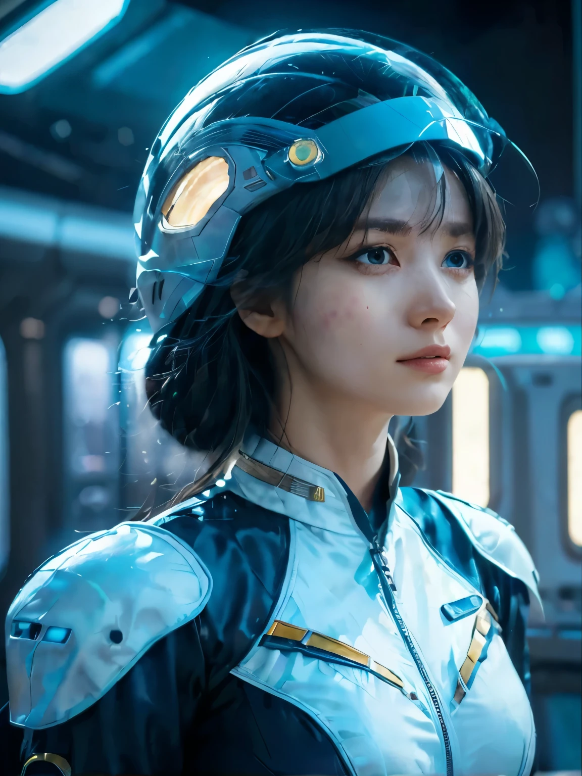 A full-body portrait of a 2 female starship captain in a futuristic sci-fi setting, emphasizing her entire figure and the starship interior. She stands confidently in her sleek, modern captain's uniform, which is both stylish and indicative of her rank. Her expression combines composure, coolness, and a hint of cuteness, making her instantly likable. The background reveals the starship's interior, with advanced technological controls, screens, and futuristic design elements, enhancing the sci-fi theme. The scene should capture her leadership qualities and the advanced environment of her starship, portraying her as a competent and admirable captain in a futuristic world, (Flowers Watercolor:1.5)，(Super high saturation, bright and vivid colors:1.5), (nsfw), (Looking directly at the audience:1.5)，((Vision:1.8))