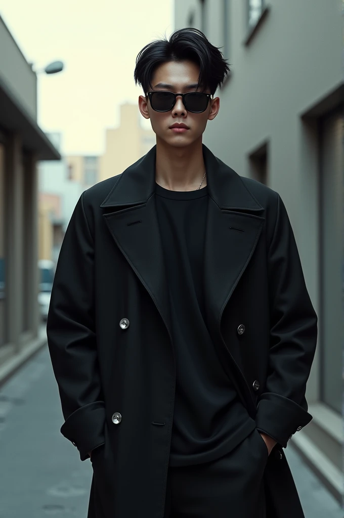 A boy wearing a black jakat,a black sunglass,