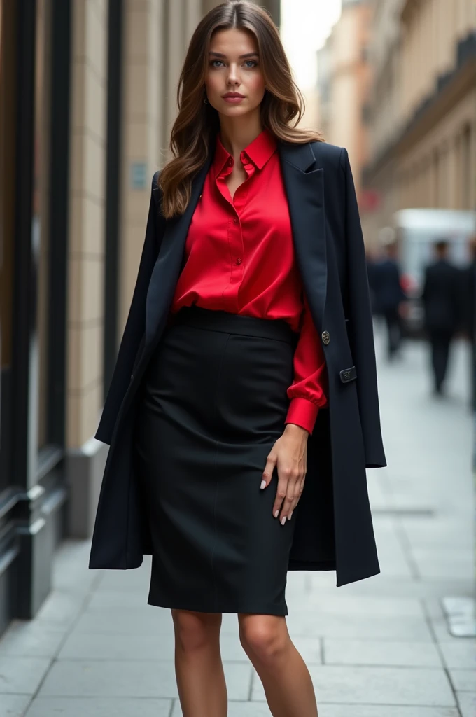 A girl wearing white corporate shirt with black tie, black trouser pant, and long red button up gown