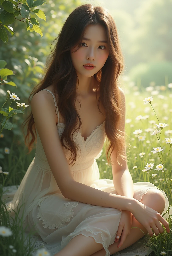 (Photorealism:1.2), beautiful woman, sitting on bed, wearing loose off-shoulder, herb loving, close to nature, Green landscape, small river, Waldtiere, sun rays, spring awakening