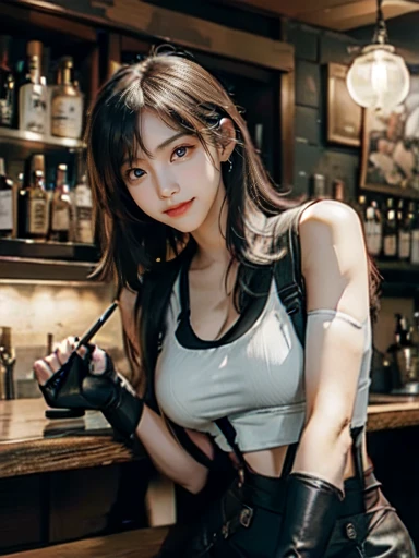 Tifa Lockhart, masutepiece, Best Quality, defTifa, White crop top, elbow pad, Fingerless gloves, suspenders, pencil skirts, Upper body, Looking at Viewer, Leaning forward, Smile, a bar counter, City at night