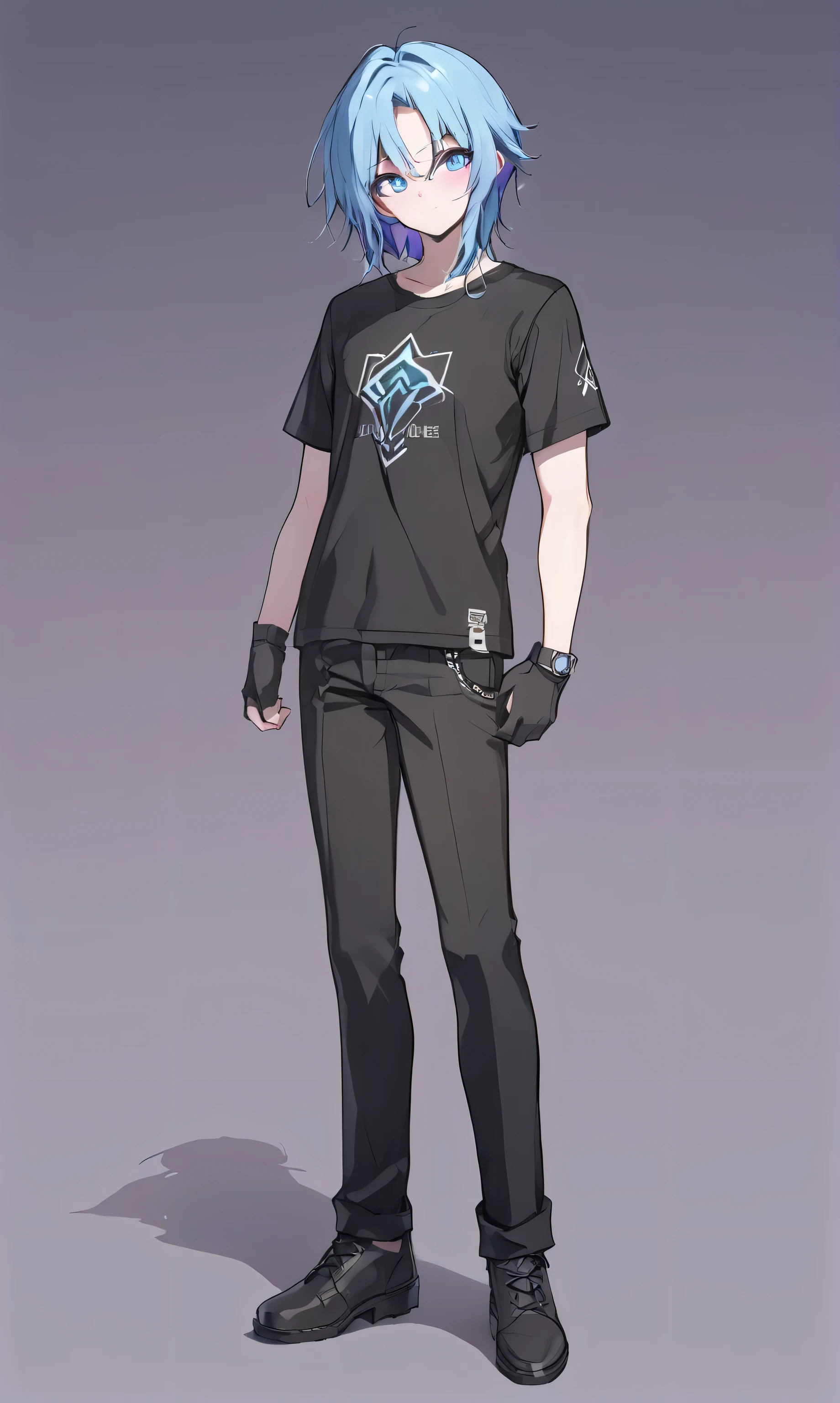 anime - style drawing of a man with blue hair and black pants, single character full body, detailed full body concept art, anime full body illustration, tall anime guy with blue eyes, full body concept, full body concept art, detailed full body concept, ( ( character concept art ) ), full body portrait of a short!, fullbody portrait, ryan glitter concept artist